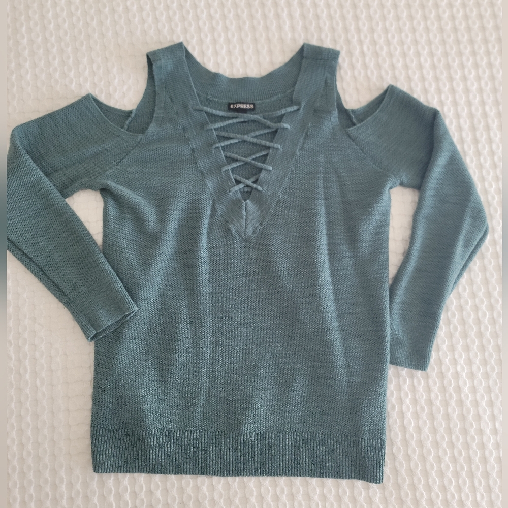 Express Teal Shoulder Cutout Odd the Shoulder Sweater
